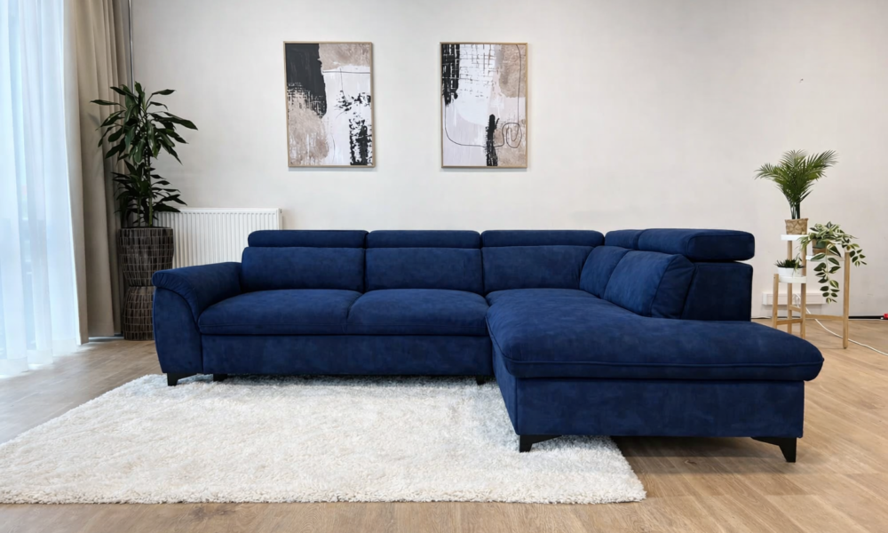 Tumesinine nurgadiivanvoodi pesukastiga alla reguleeritud peatugedega