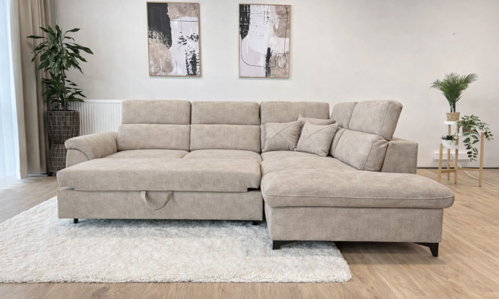 Diivanvoodi pesukastiga Montana beež, mahukas pesukast, liigutatavad peatoed, voodi